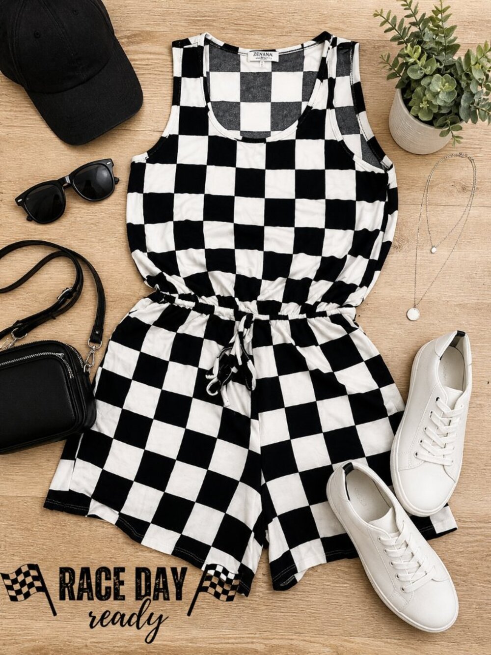 Zenana Outfitters Black White Checkered Romper Drawstring Indy Race Style XL